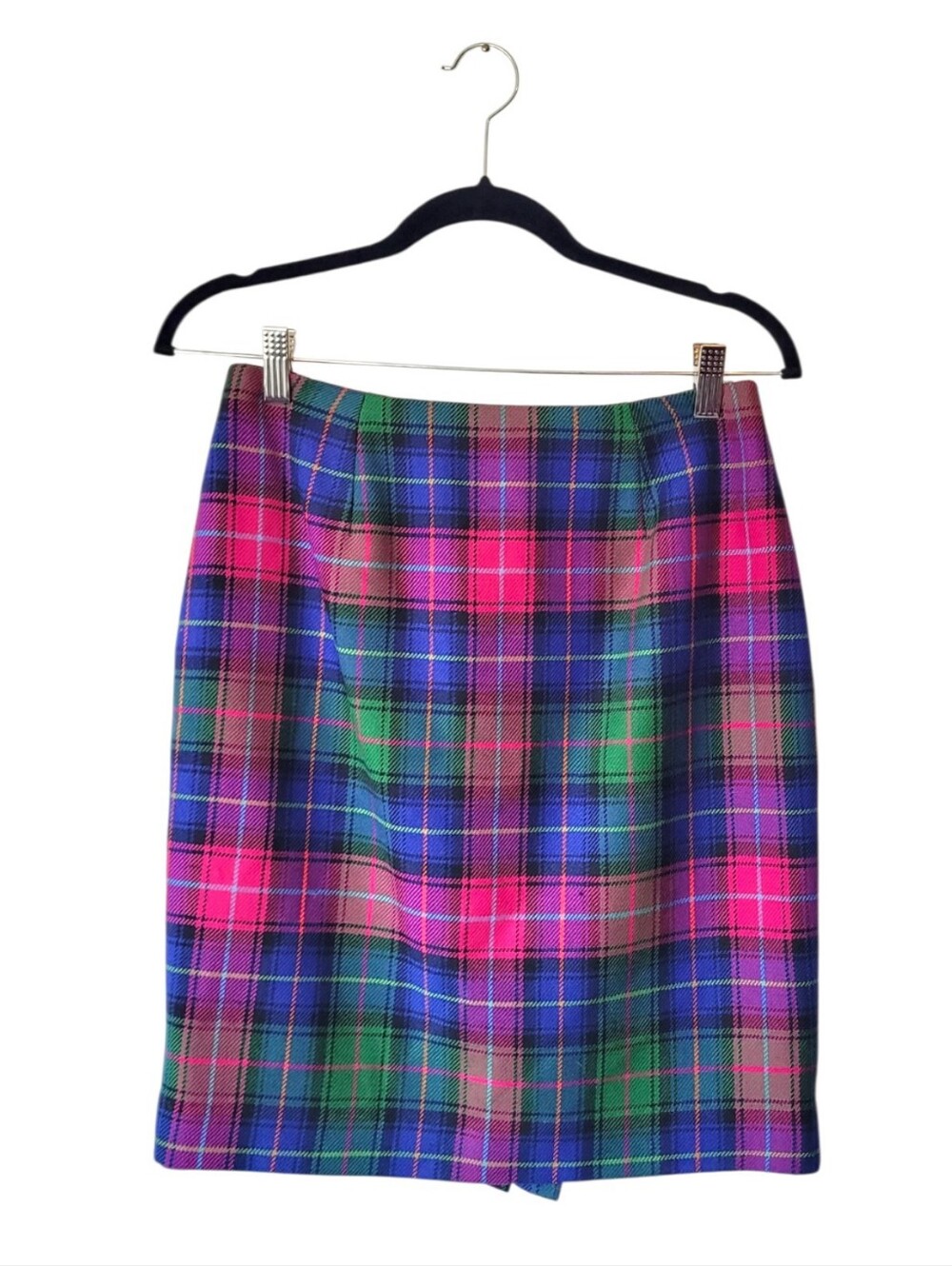 Vintage Talbots Wool Plaid Pencil Skirt in Pink, Green & Blue Size 8